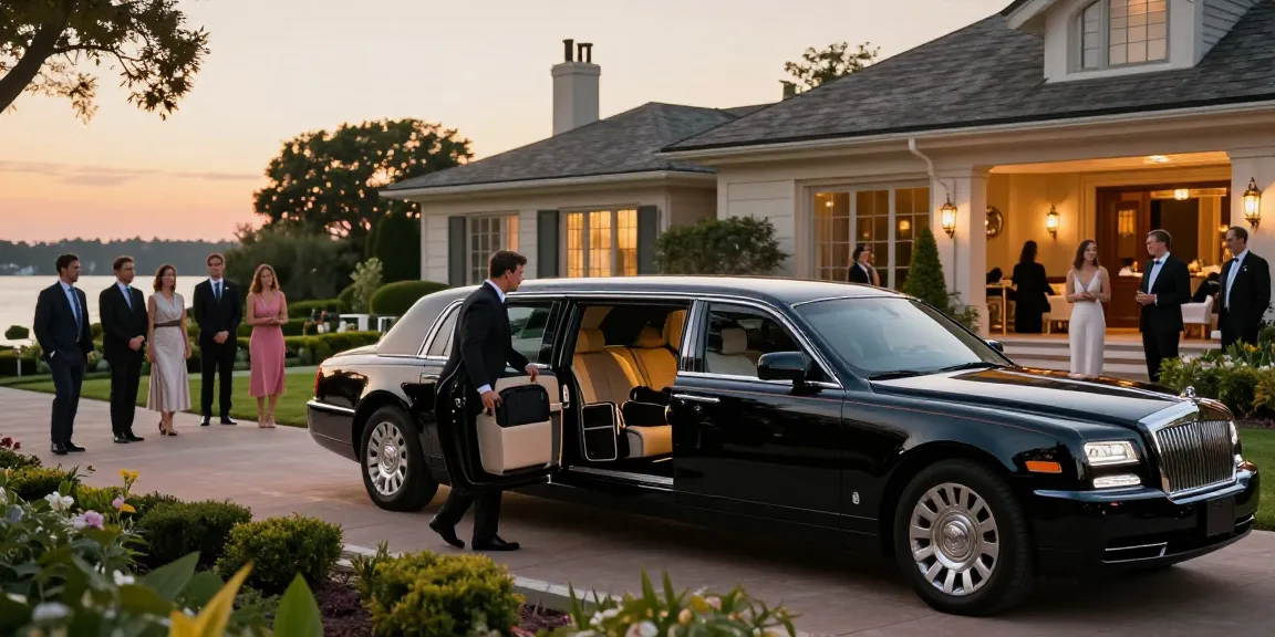 Watermill to Manhattan car service with chauffeur assisting passengers at elegant home.