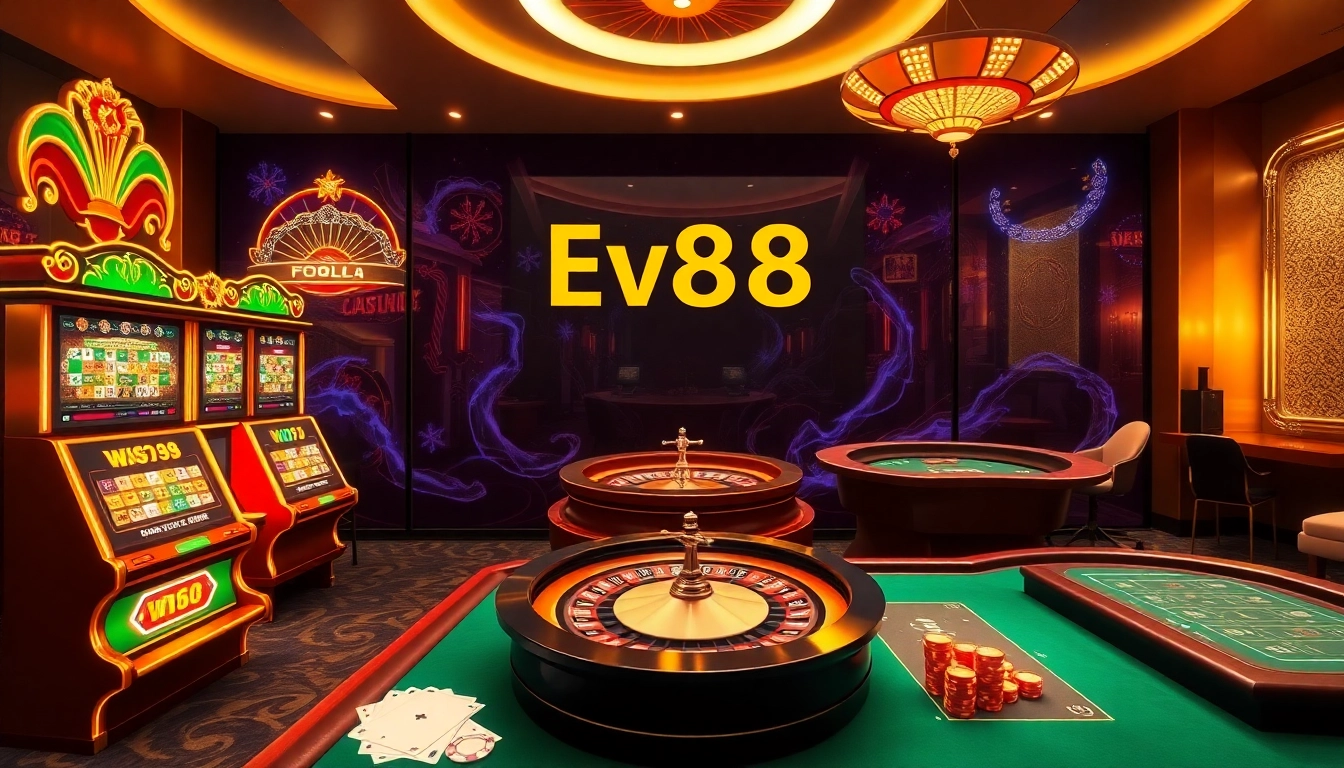Experience thrilling gaming at Ev88 with vibrant slot machines and exciting poker tables.
