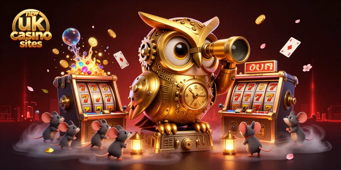 Experience top slot action at new uk casino sites with a lively digital illustration of a clockwork owl and slot machines.