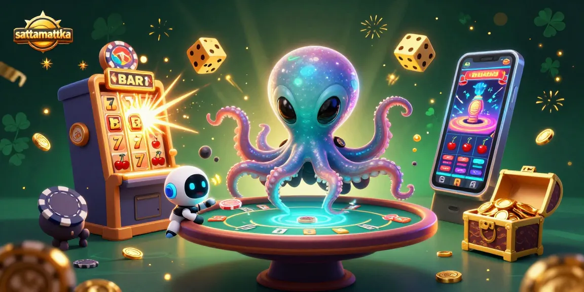 Experience sattamattka excitement with an alien octopus at a holographic poker table, surrounded by vibrant casino elements.
