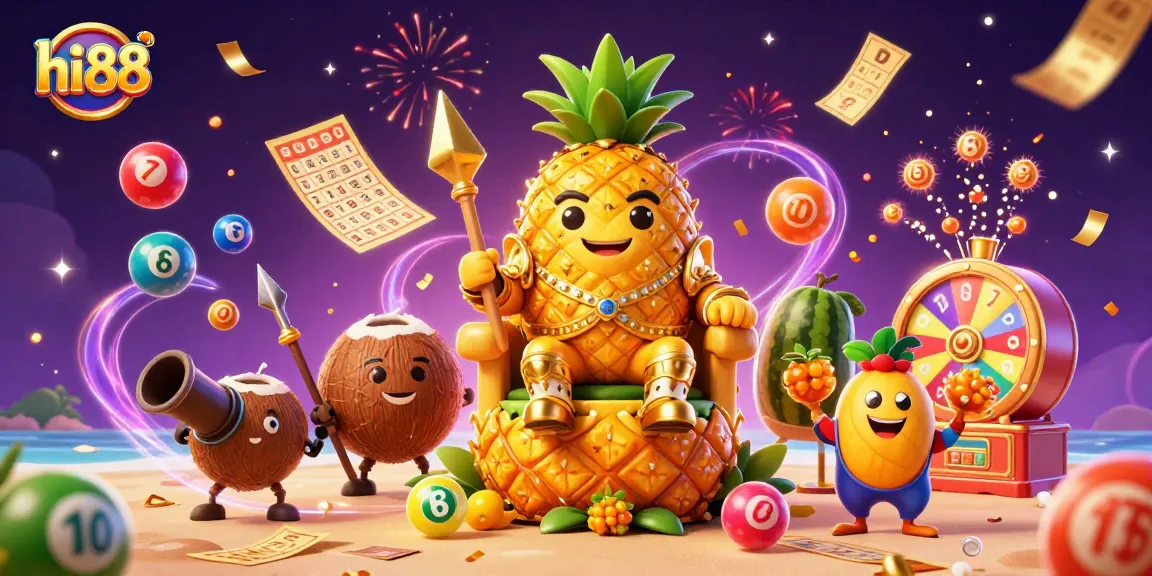 Engage in thrilling adventures at hi88, where a golden pineapple king and vibrant casino elements create excitement.