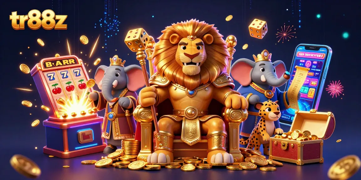 Experience thrilling gaming at tr88z with a majestic lion king and dynamic casino elements.