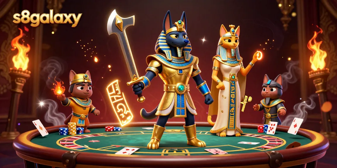Experience the excitement at s8galaxy with Anubis and Bastet in a vibrant, animated casino scene.