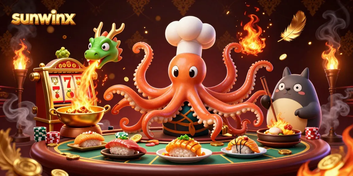 Engage with sunwinx in this vibrant casino scene featuring a colorful octopus chef and exciting game elements.