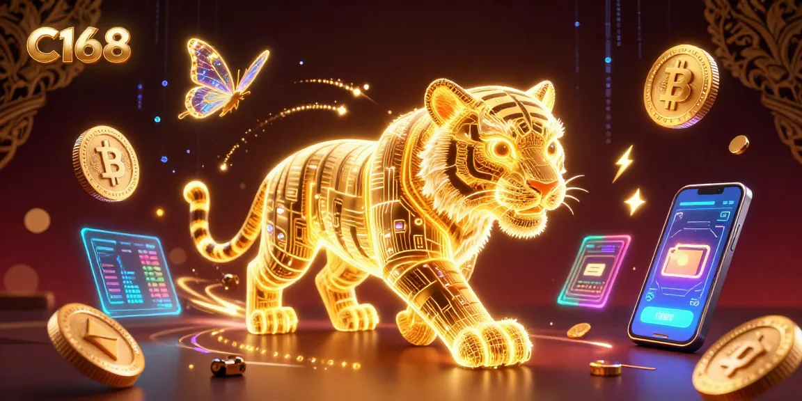 Experience the dynamic energy of C168 in this vibrant casino scene with a golden tiger and holographic elements.