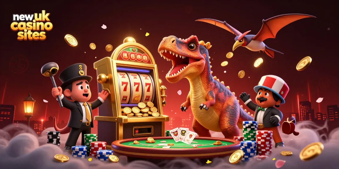 Experience jackpots at new uk casino sites with a pachycephalosaurus hitting a golden slot machine and gold coins flying.