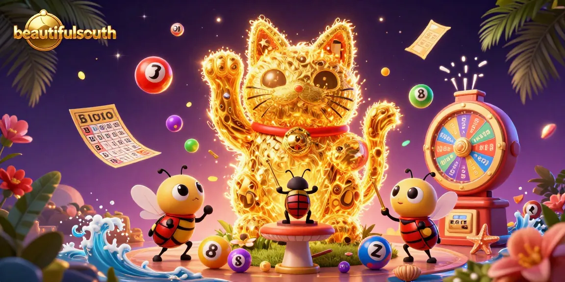 beautifulsouth showcases a vibrant casino scene with a lucky cat formed by fireflies, randomized lottery balls, and celebratory elements.